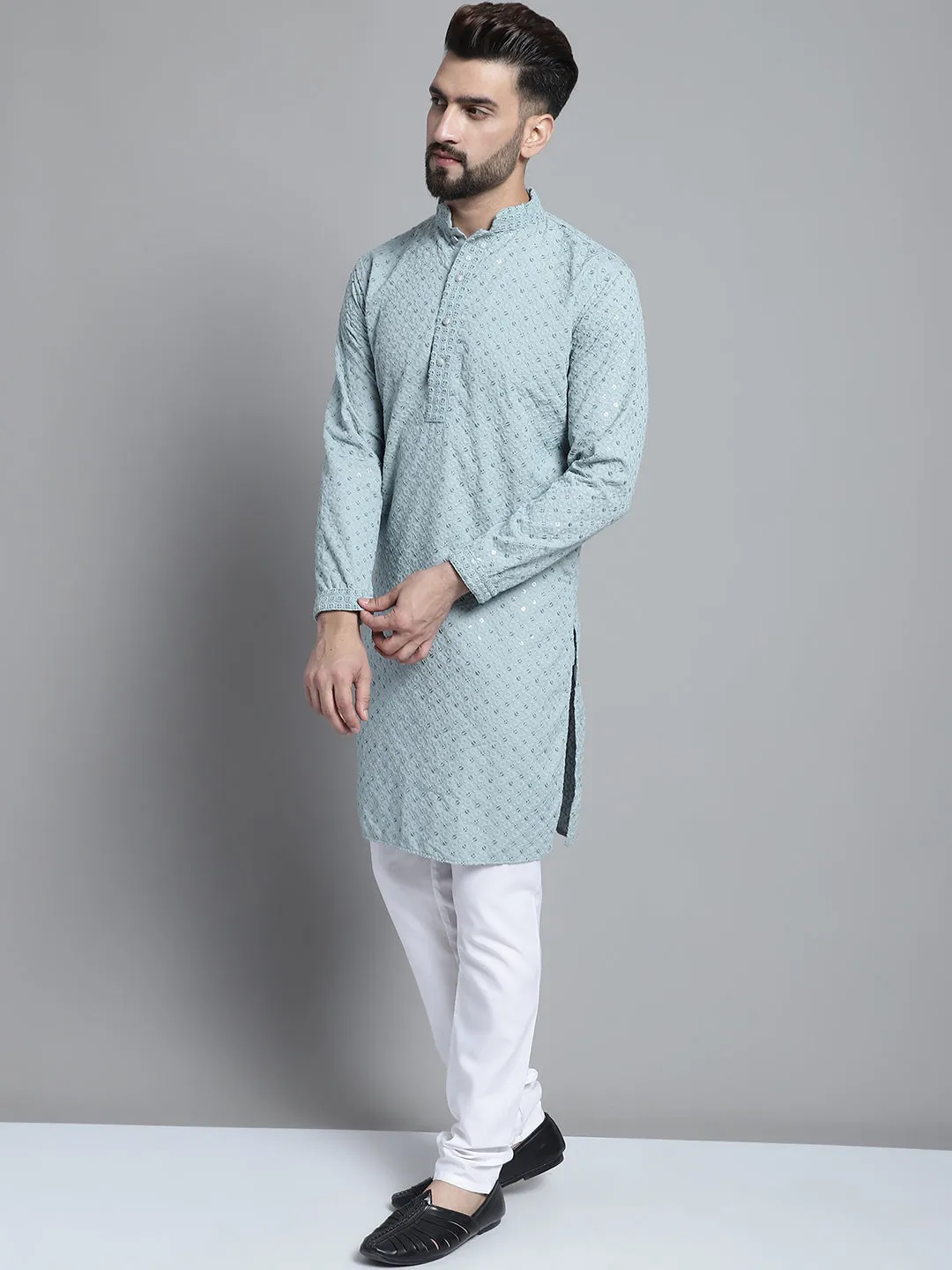 Men Blue Chikankari Embroidered and Sequence Kurta with Churidar