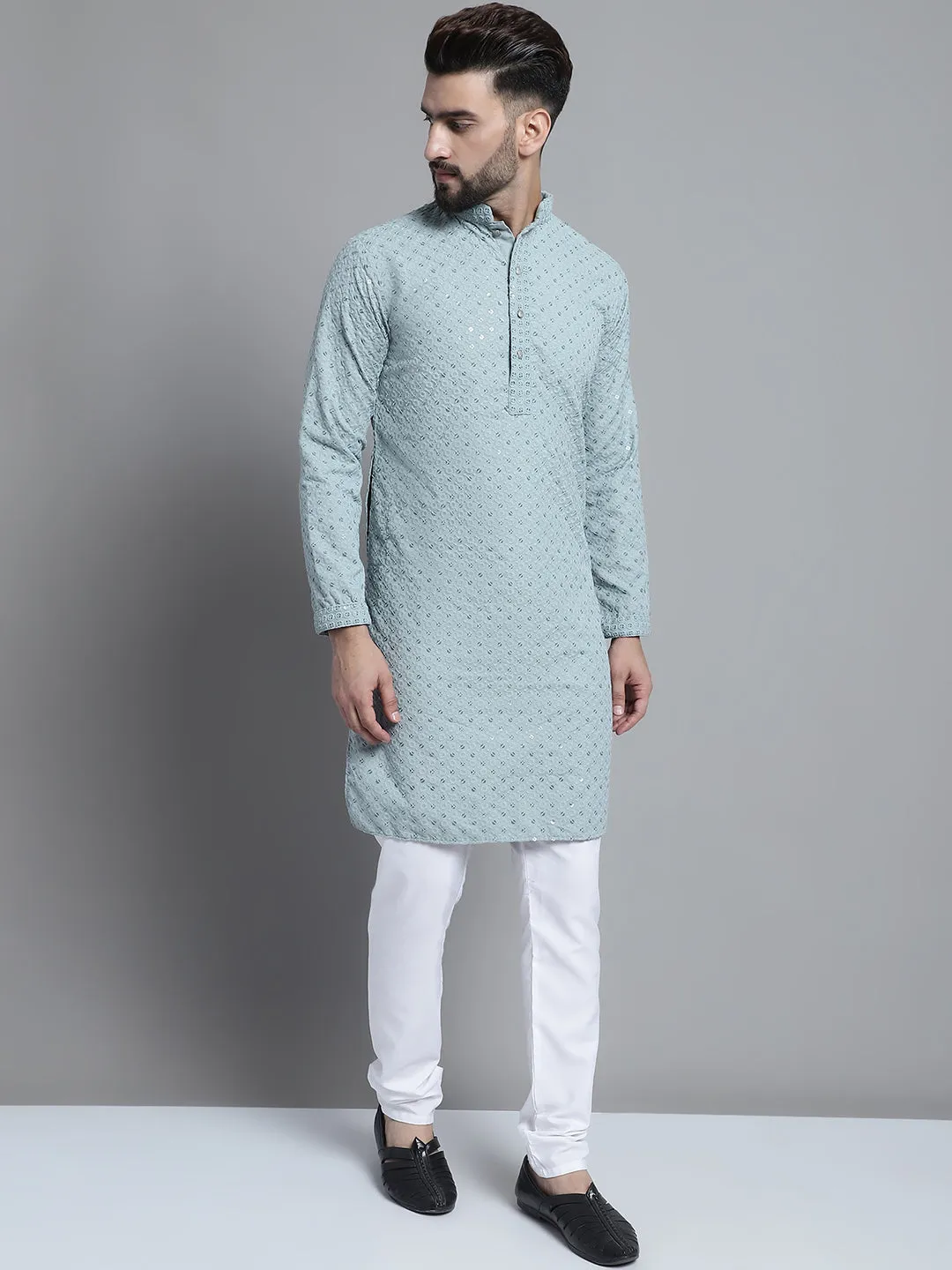 Men Blue Chikankari Embroidered and Sequence Kurta with Churidar