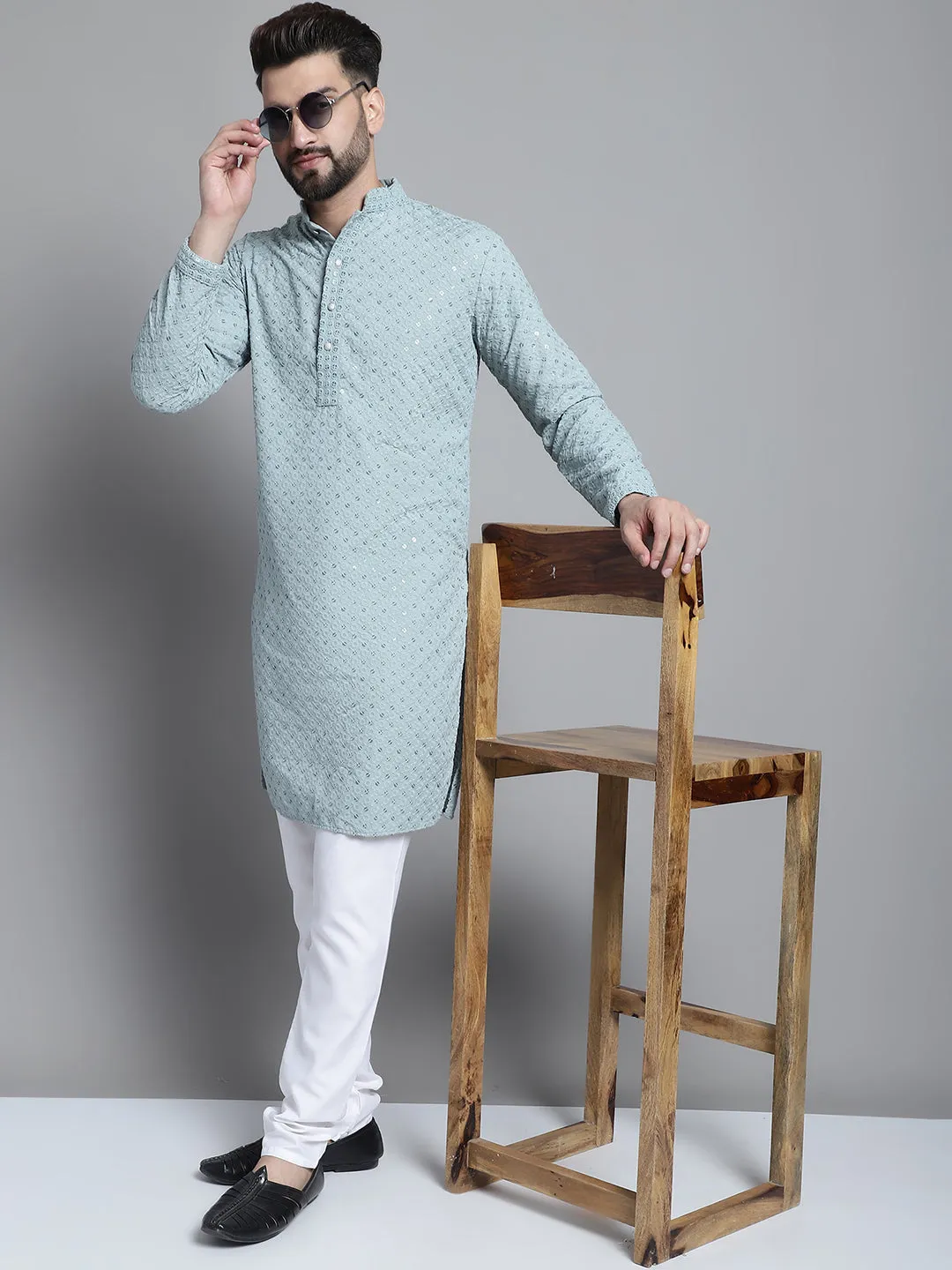 Men Blue Chikankari Embroidered and Sequence Kurta with Churidar