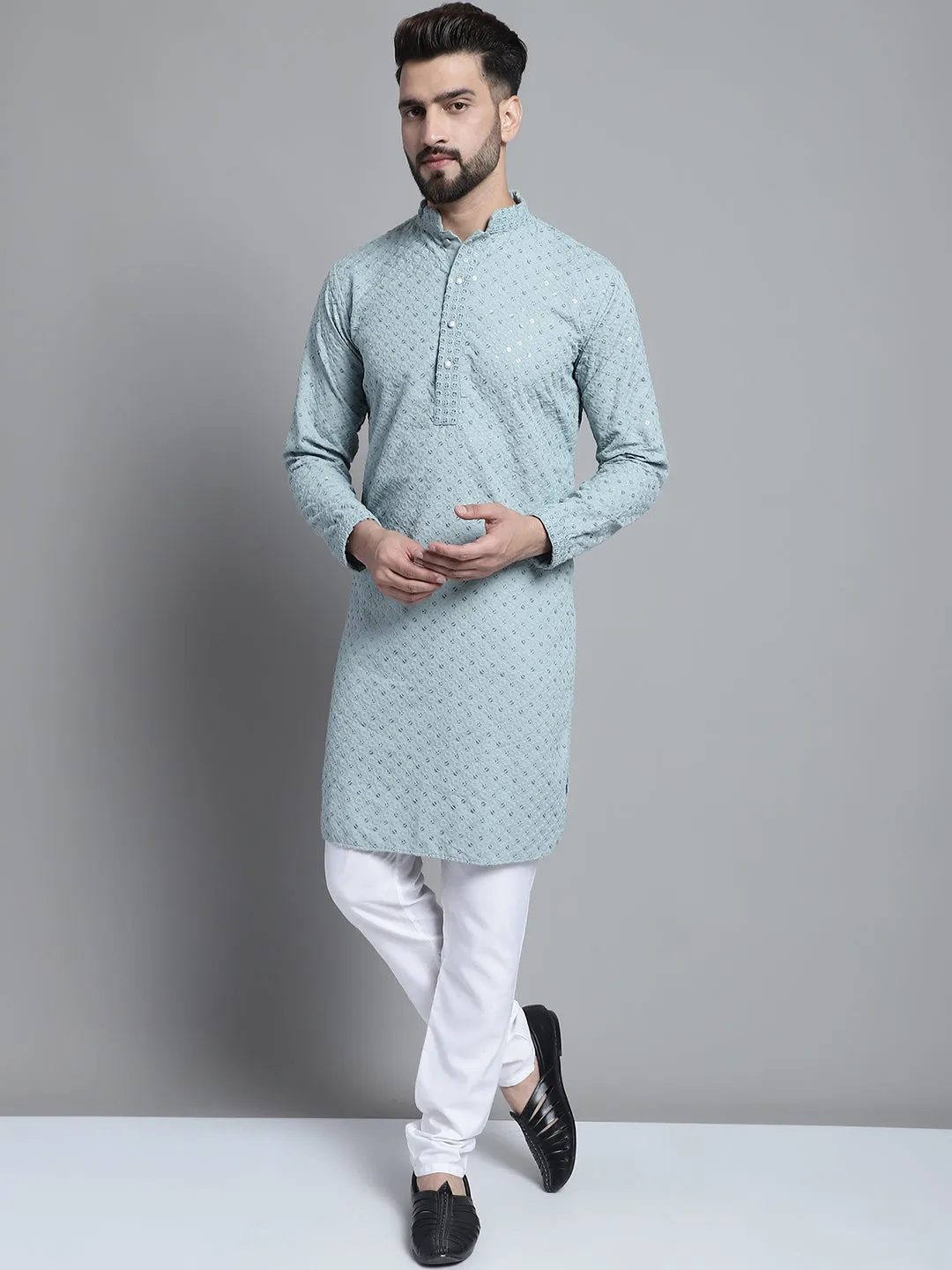 Men Blue Chikankari Embroidered and Sequence Kurta with Churidar