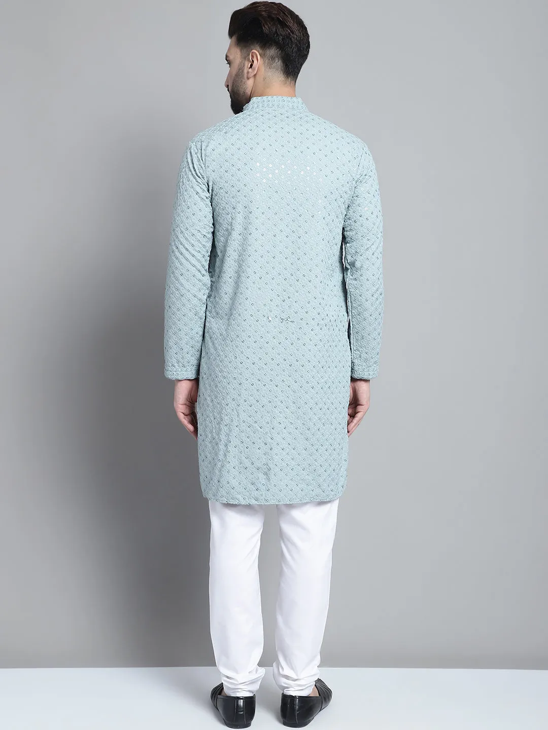 Men Blue Chikankari Embroidered and Sequence Kurta with Churidar