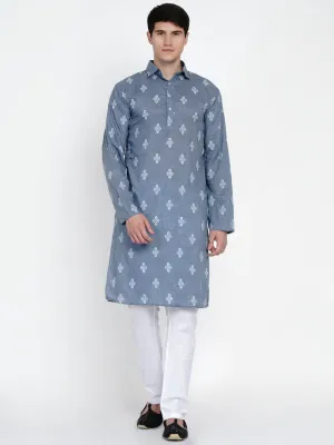 Men Blue Embroidered Pure Cotton Kurti with Pyjamas