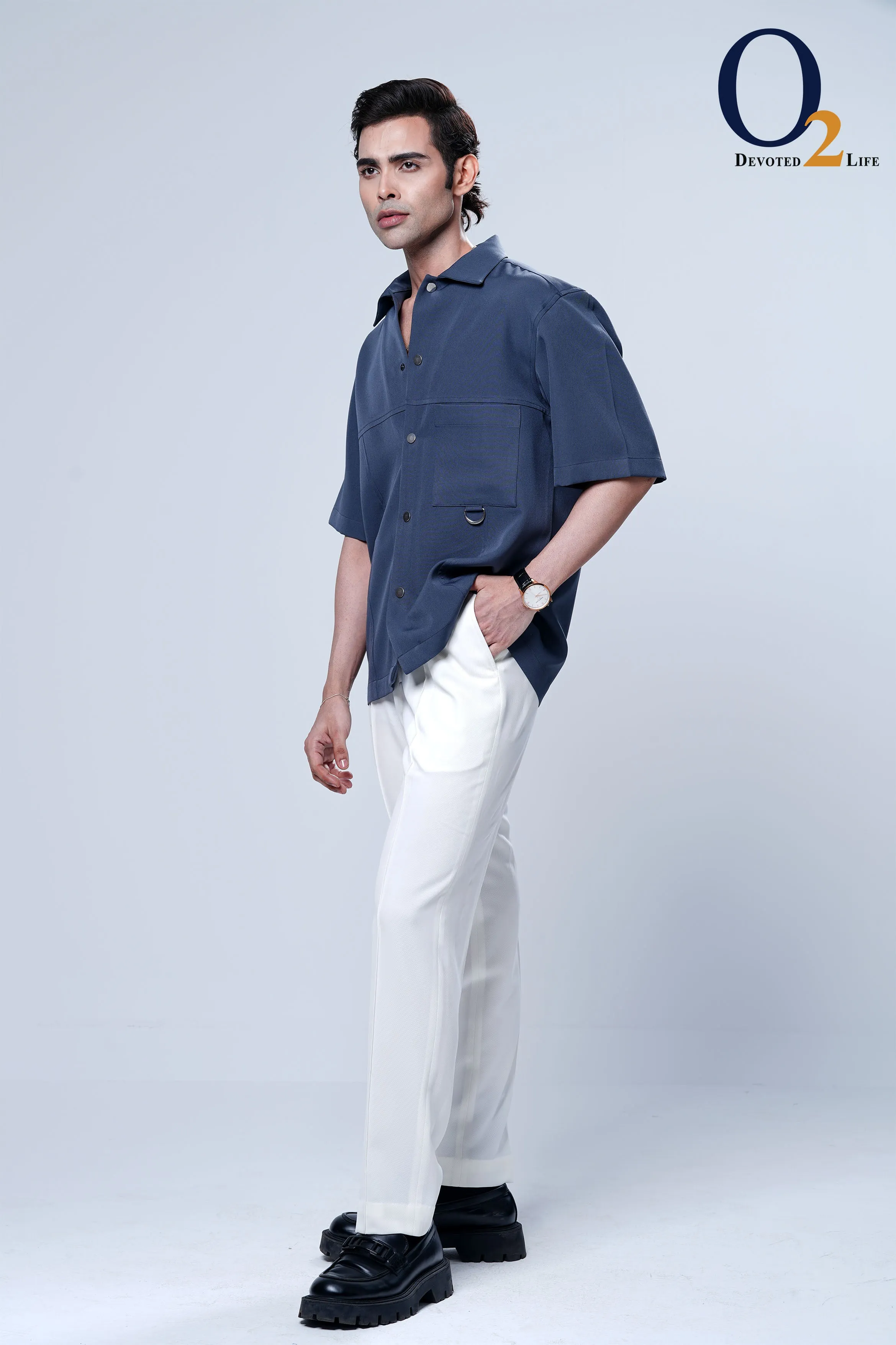 Men Blue Twill Box Pocket Oversized Shirt