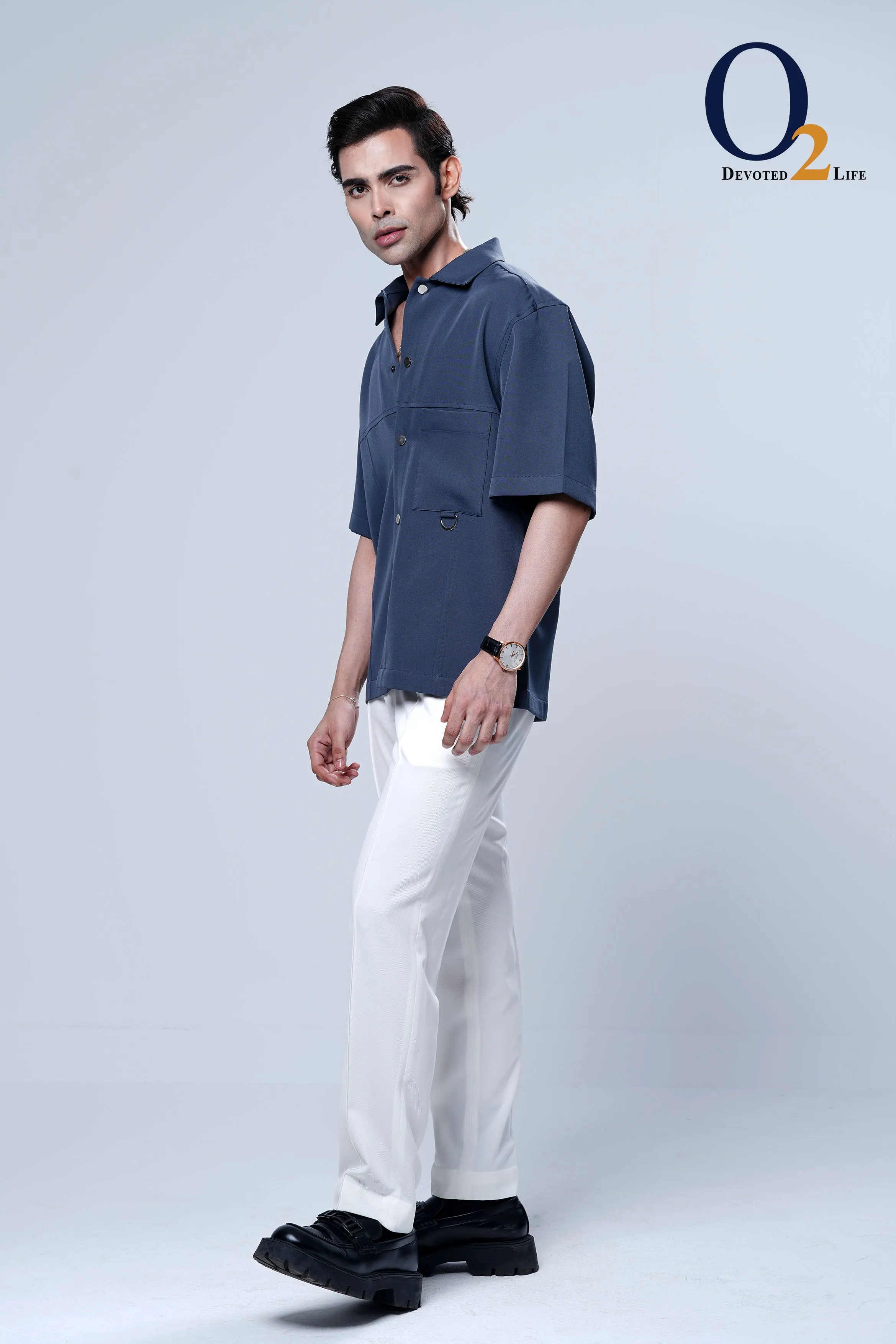 Men Blue Twill Box Pocket Oversized Shirt