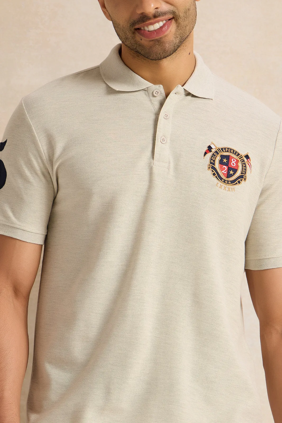 Men Ecru Badge Polo Shirt