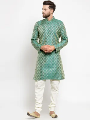 Men Green & Beige Self Design Kurta with Churidar