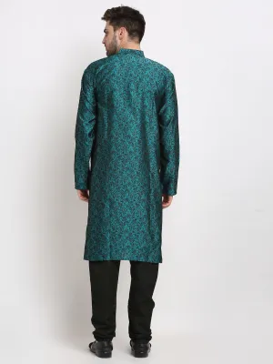 Men Green & Black Self Design Kurta with Churidar