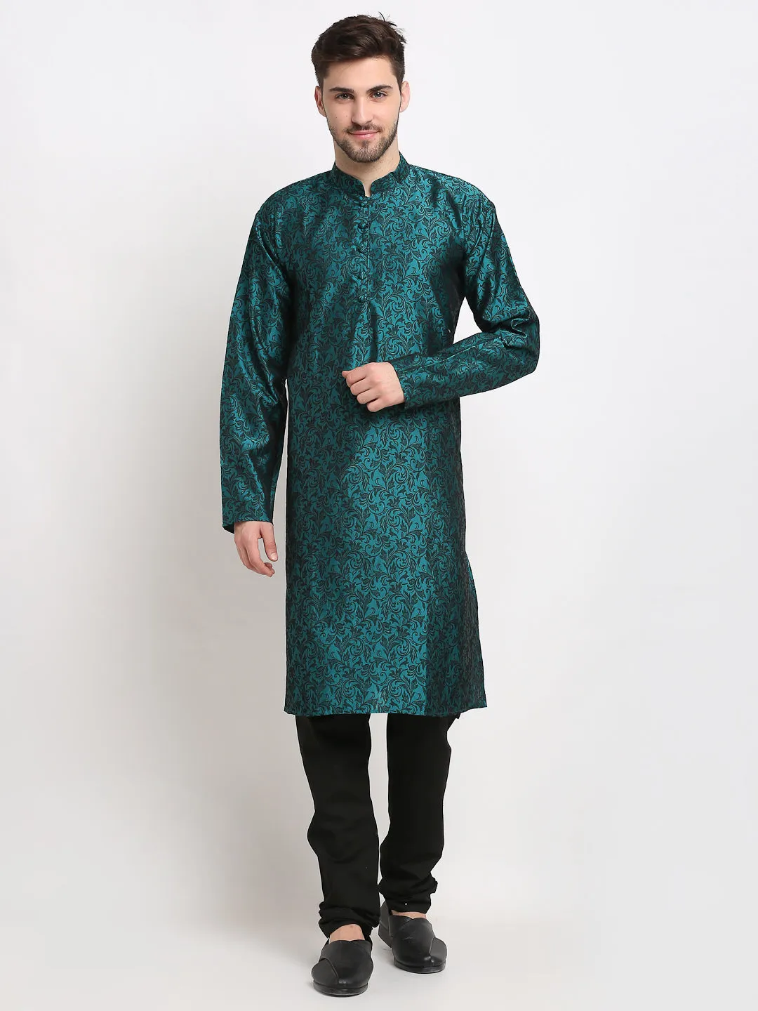 Men Green & Black Self Design Kurta with Churidar