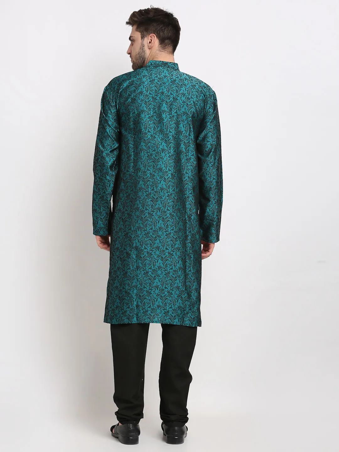 Men Green & Black Self Design Kurta with Churidar