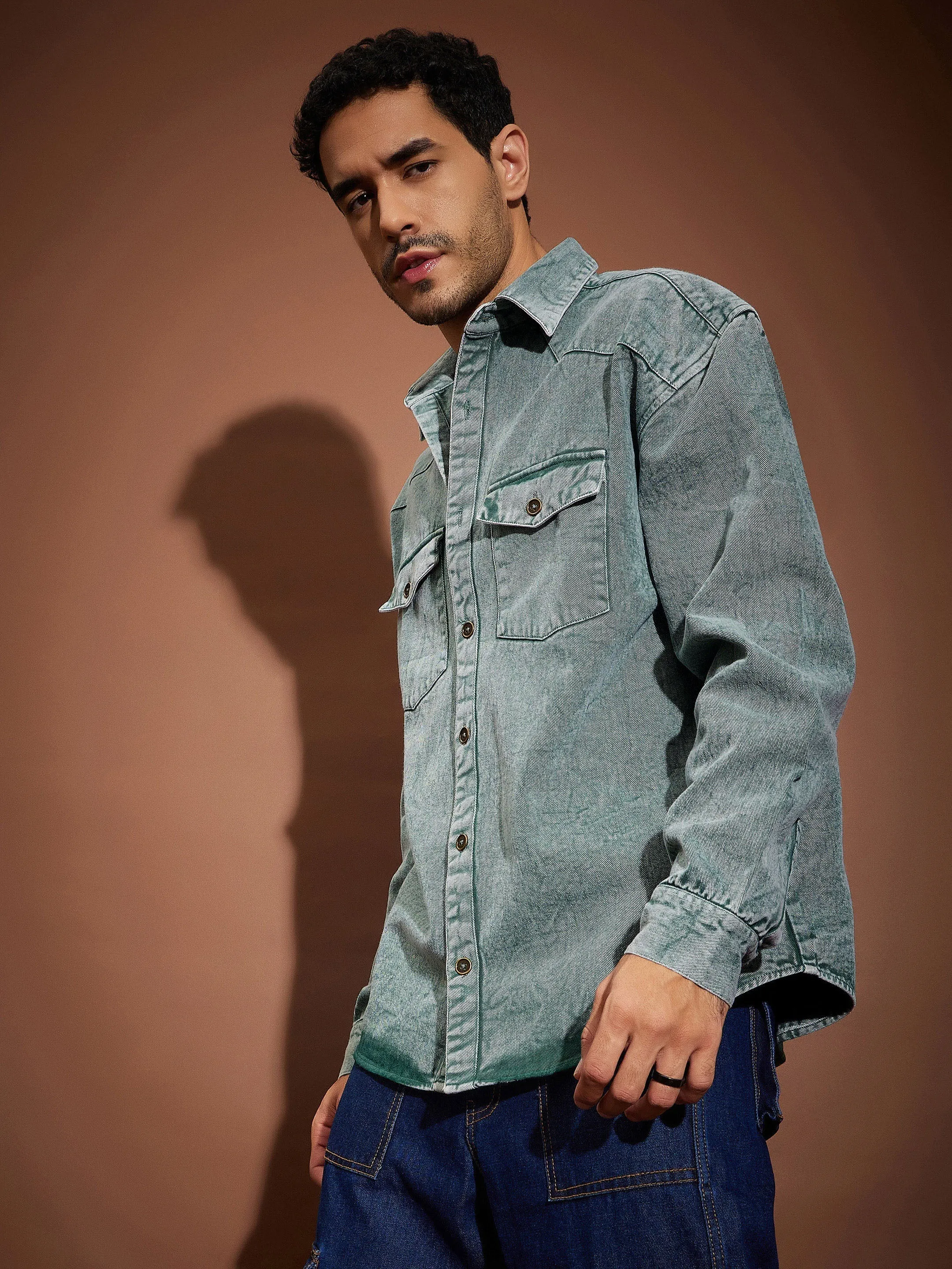 Men Green Washed Denim Oversized Shirt