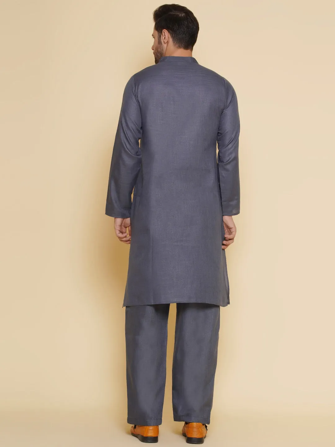 Men Grey Embroidered ethnic motifs Festive Kurta Pyjamas