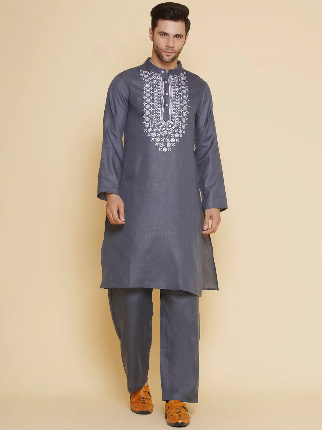 Men Grey Embroidered ethnic motifs Festive Kurta Pyjamas