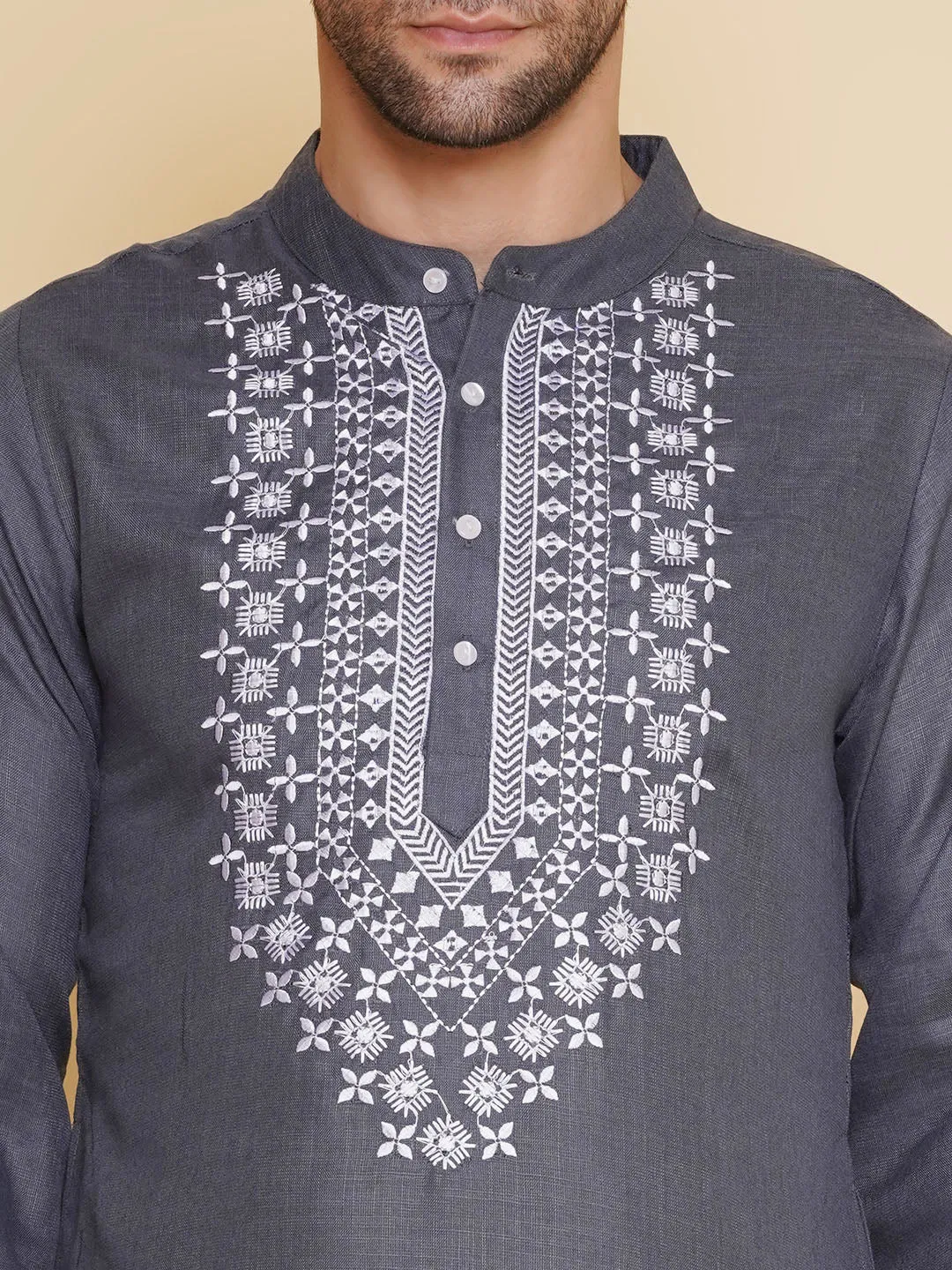 Men Grey Embroidered ethnic motifs Festive Kurta Pyjamas