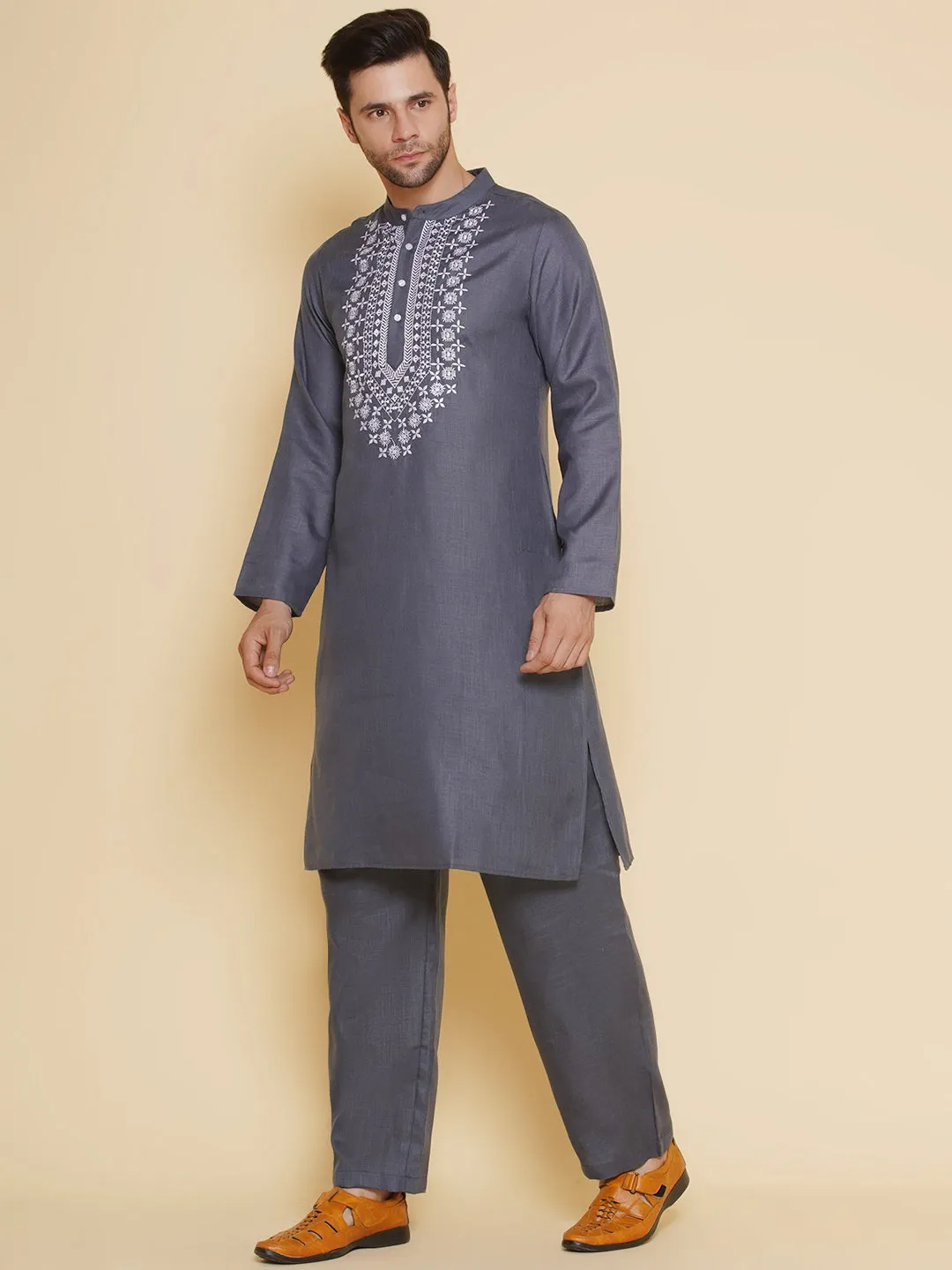 Men Grey Embroidered ethnic motifs Festive Kurta Pyjamas