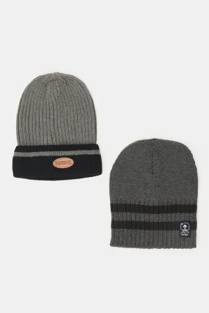 Men Grey Knitted Cap Set (Pack of 2)