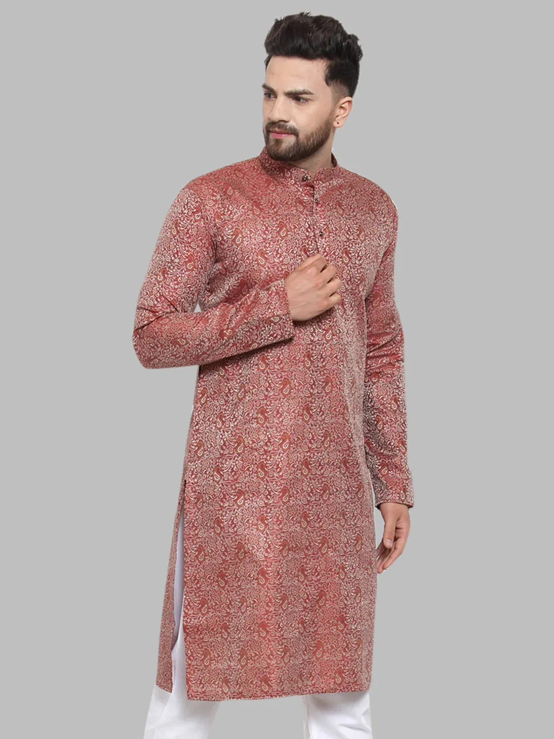 Men Maroon & White Woven Design Kurta Only