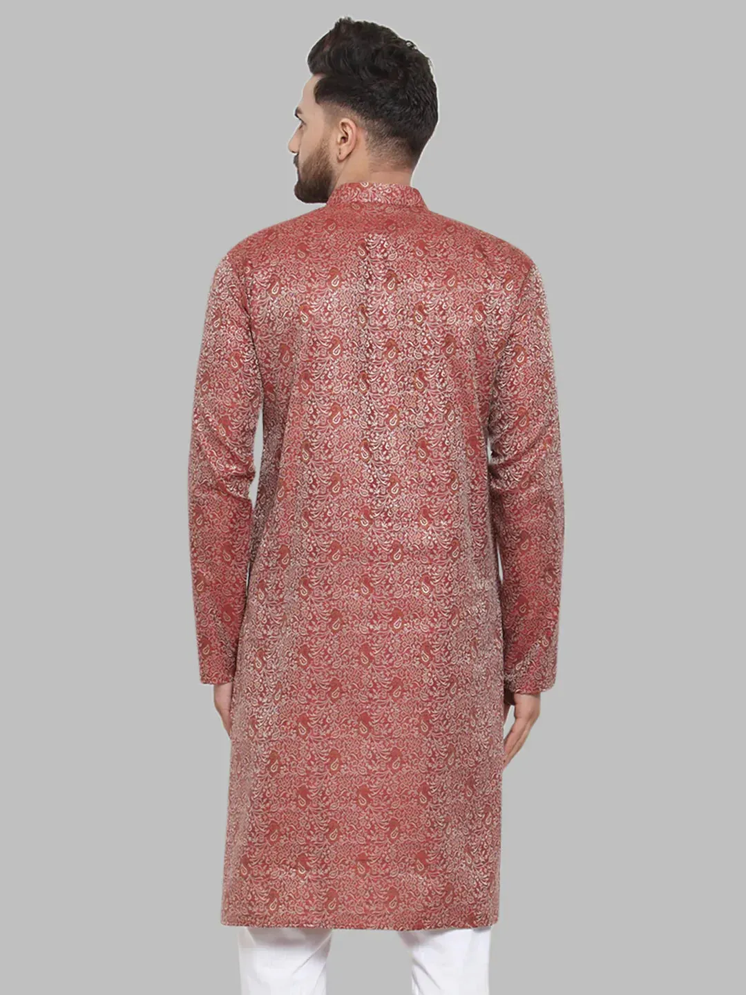 Men Maroon & White Woven Design Kurta Only