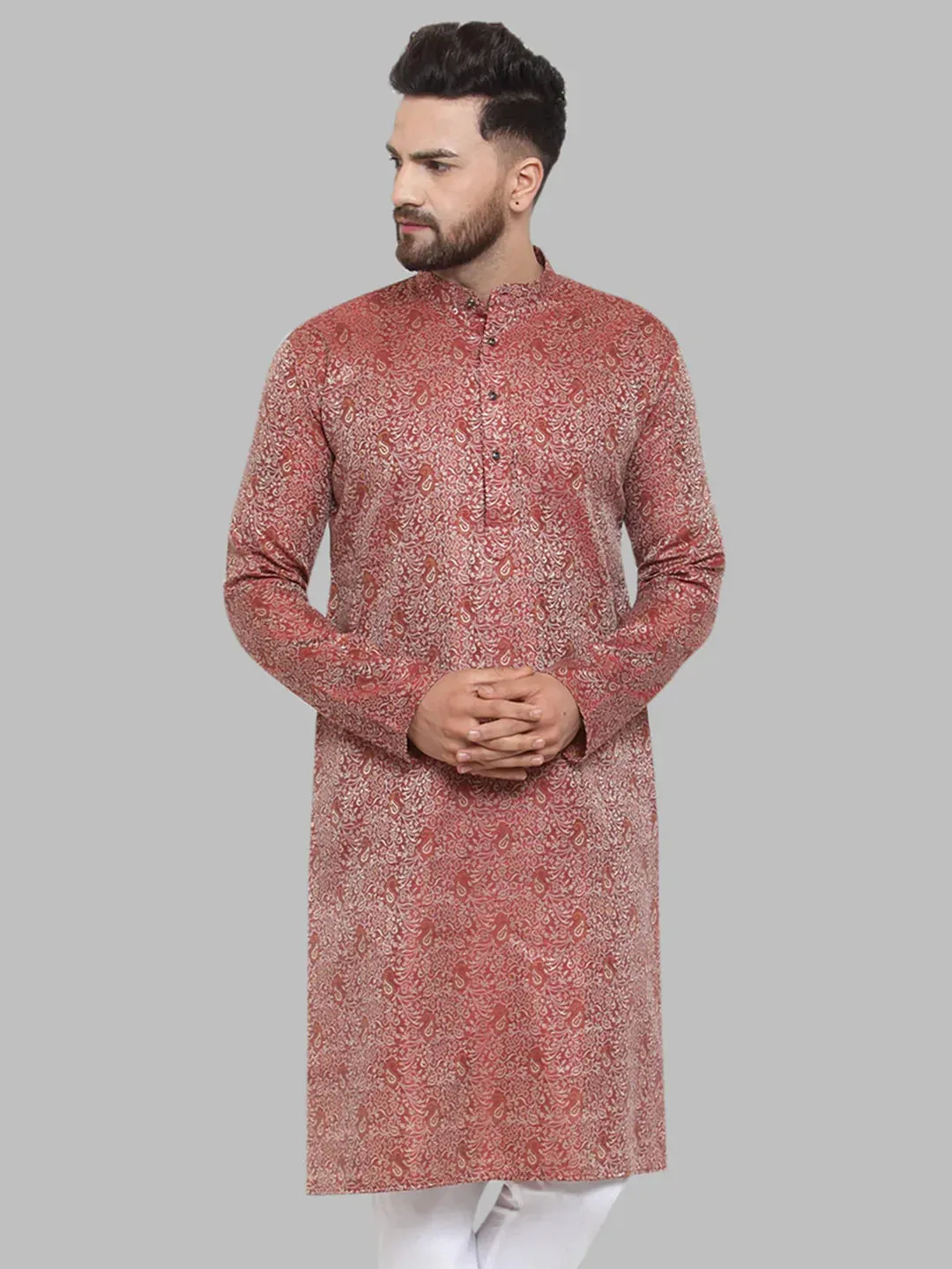 Men Maroon & White Woven Design Kurta Only