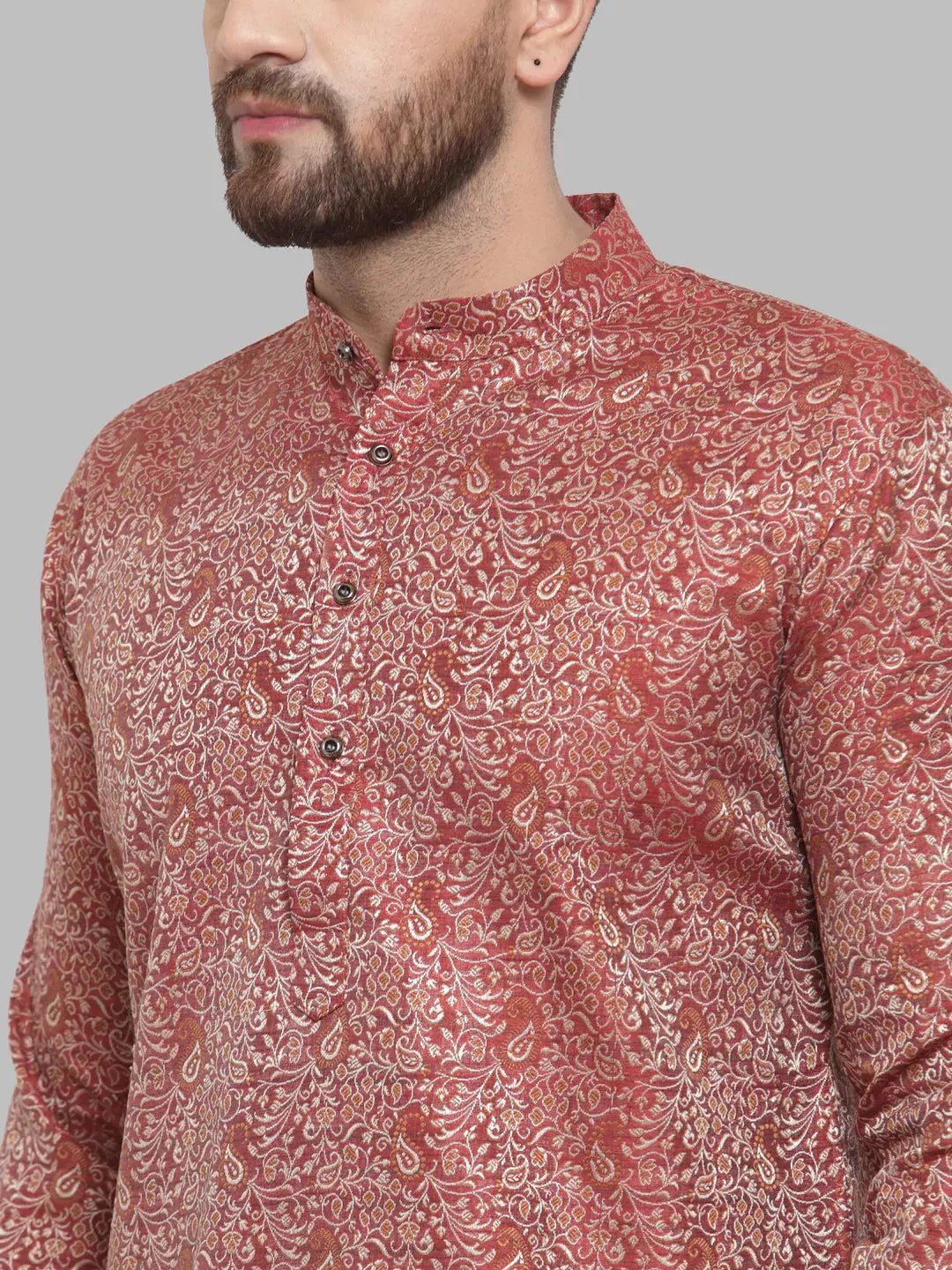 Men Maroon & White Woven Design Kurta Only