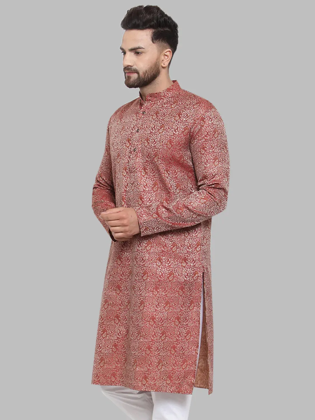 Men Maroon & White Woven Design Kurta Only