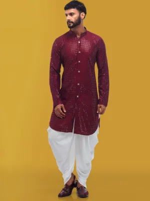 Men Maroon Sequenced Kurta in Cotton Silk