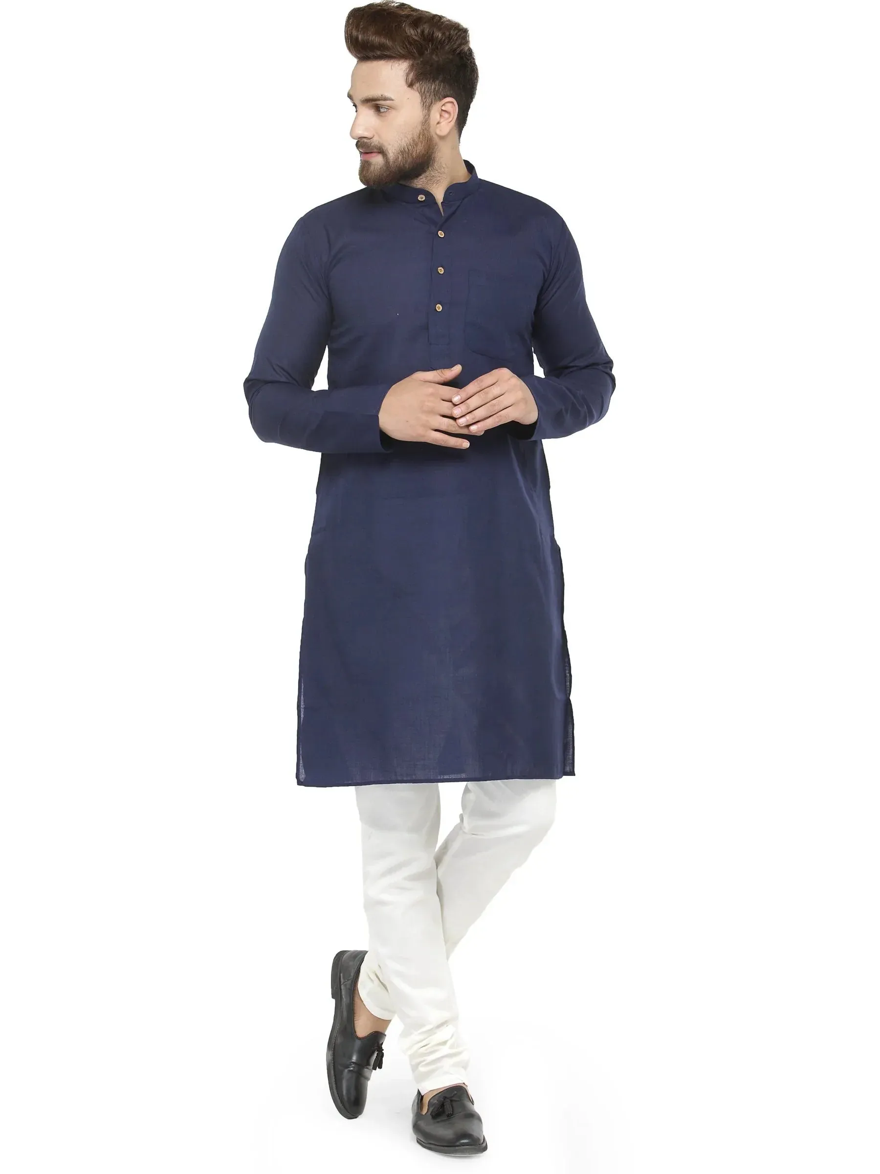 Men Navy Blue & White Solid Kurta With Churidar