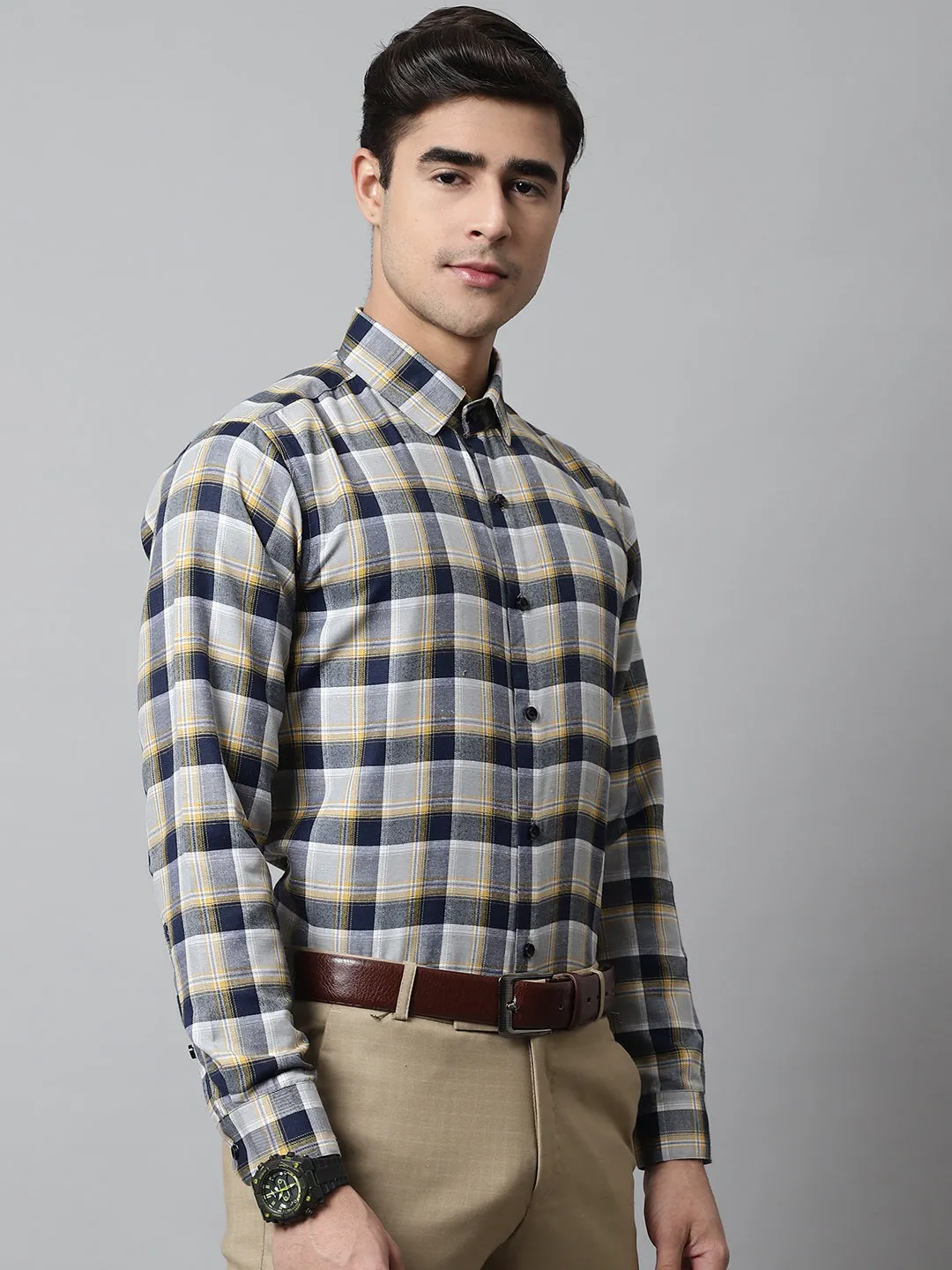 Men Navy Blue and  Grey Checks Regular Fit Cotton Formal Shirt