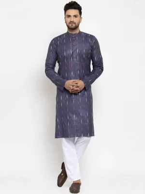 Men Navy Blue Woven Design Ikkat Straight Kurta With Churidar