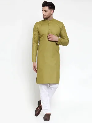 Men Olive Green & White Solid Kurta With Churidar