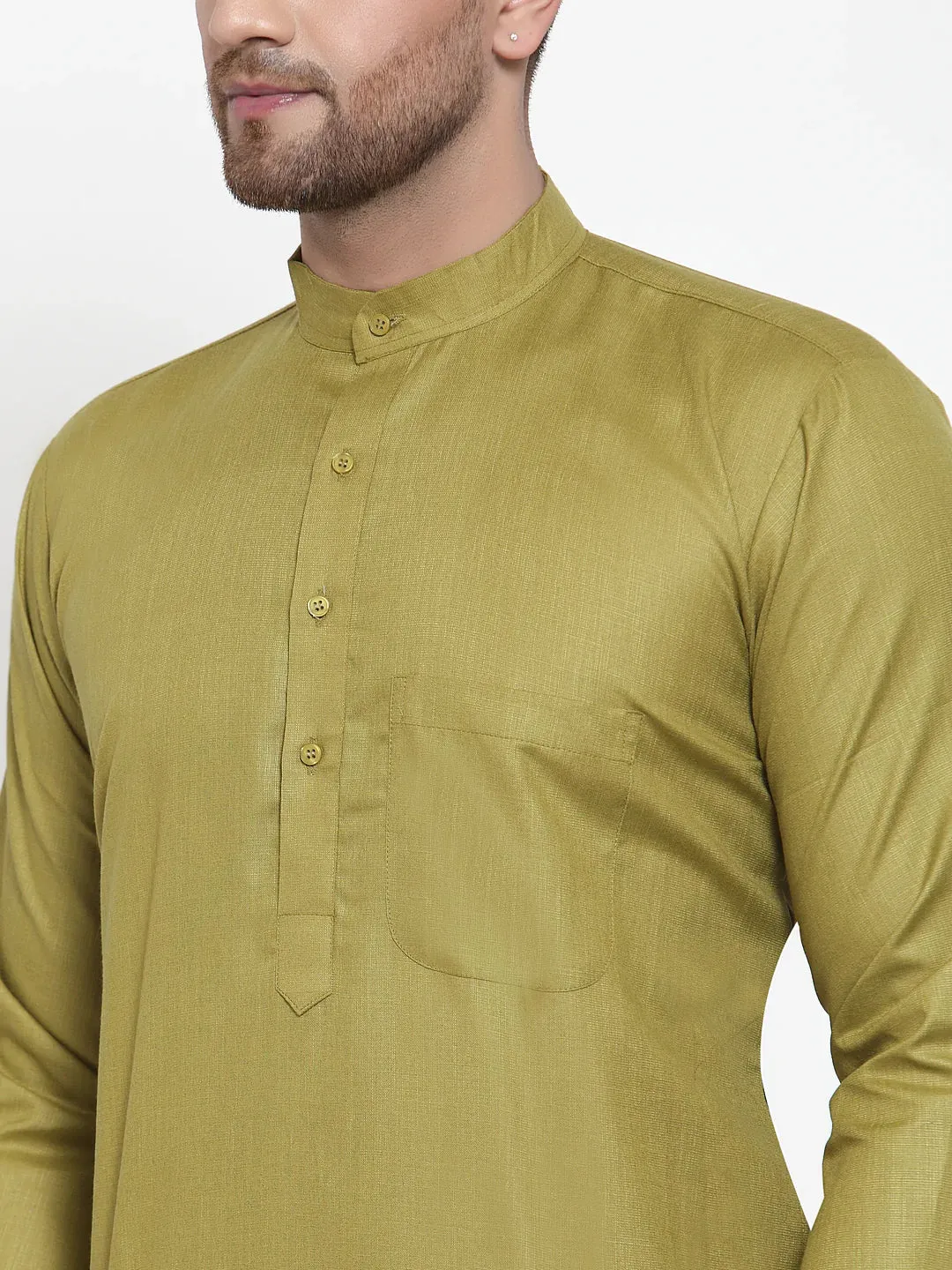 Men Olive Green & White Solid Kurta With Churidar