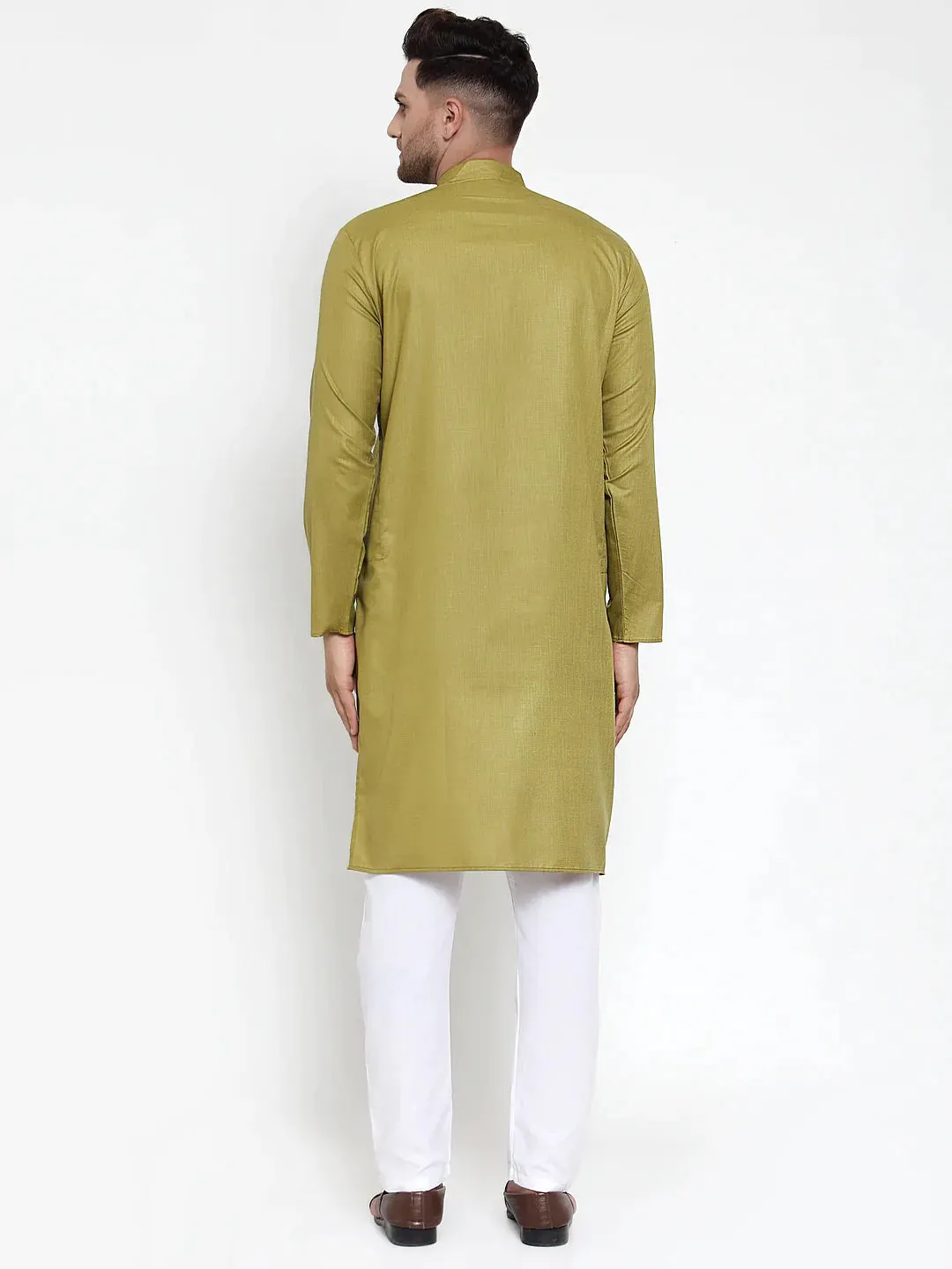 Men Olive Green & White Solid Kurta With Churidar