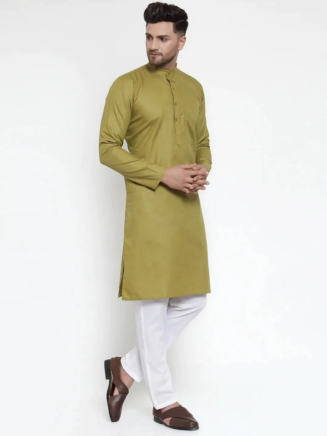 Men Olive Green & White Solid Kurta With Churidar