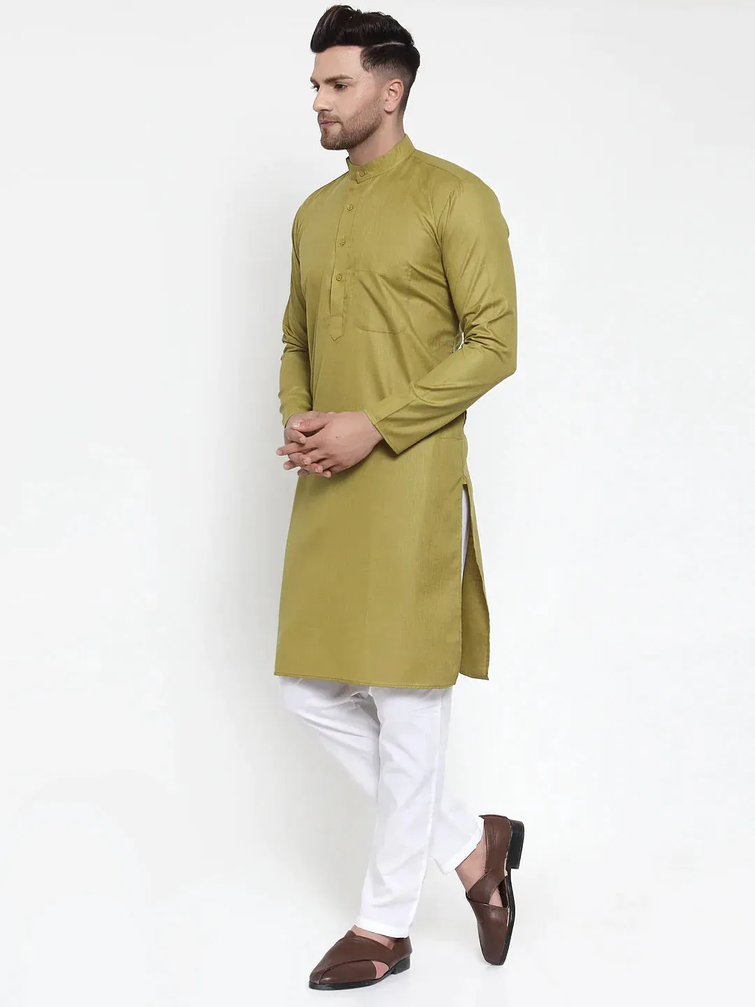 Men Olive Green & White Solid Kurta With Churidar