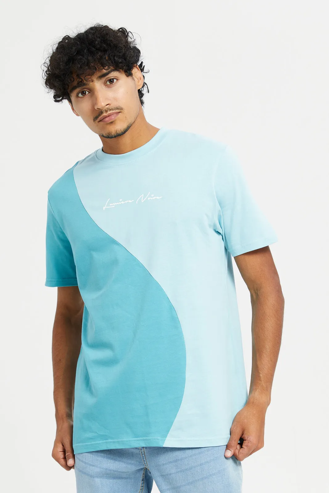 Men Printed Blue Colour Block T-Shirt