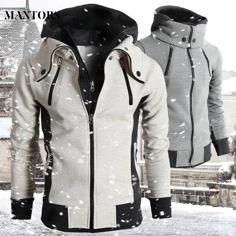 Men Slim Fit Winter Fleece Bomber Jacket Scarf Collar Hoodie