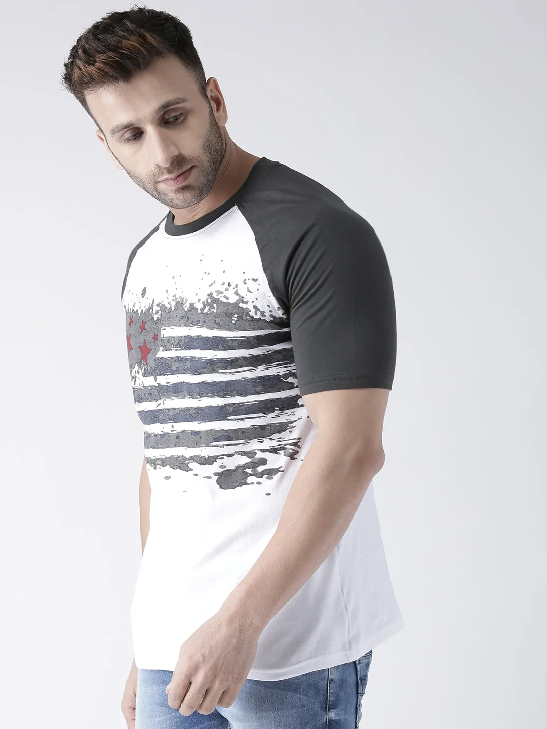 Men White and Charcoal Round Neck Tshirt