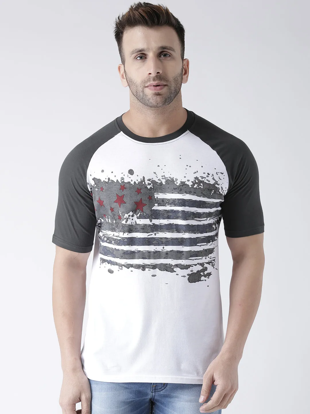 Men White and Charcoal Round Neck Tshirt