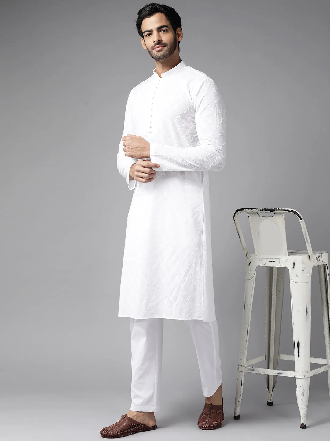 Men White Chikankari Embroidered Straight Kurta With Pyjama