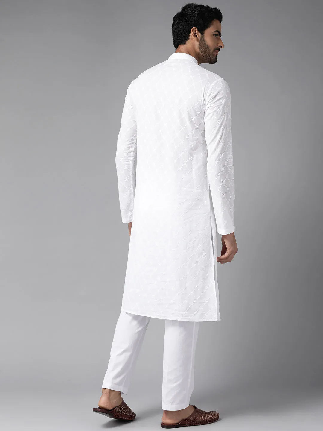 Men White Chikankari Embroidered Straight Kurta With Pyjama