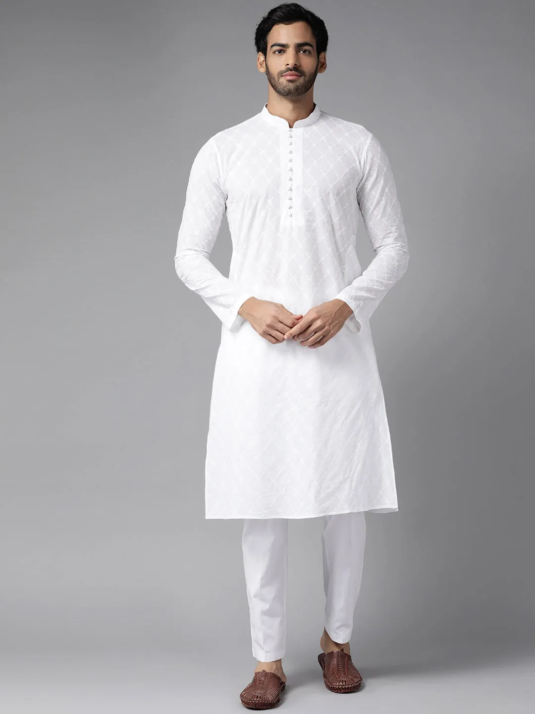 Men White Chikankari Embroidered Straight Kurta With Pyjama