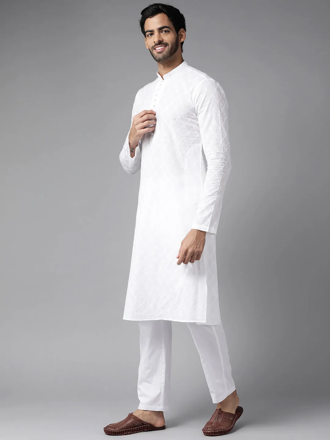 Men White Chikankari Embroidered Straight Kurta With Pyjama