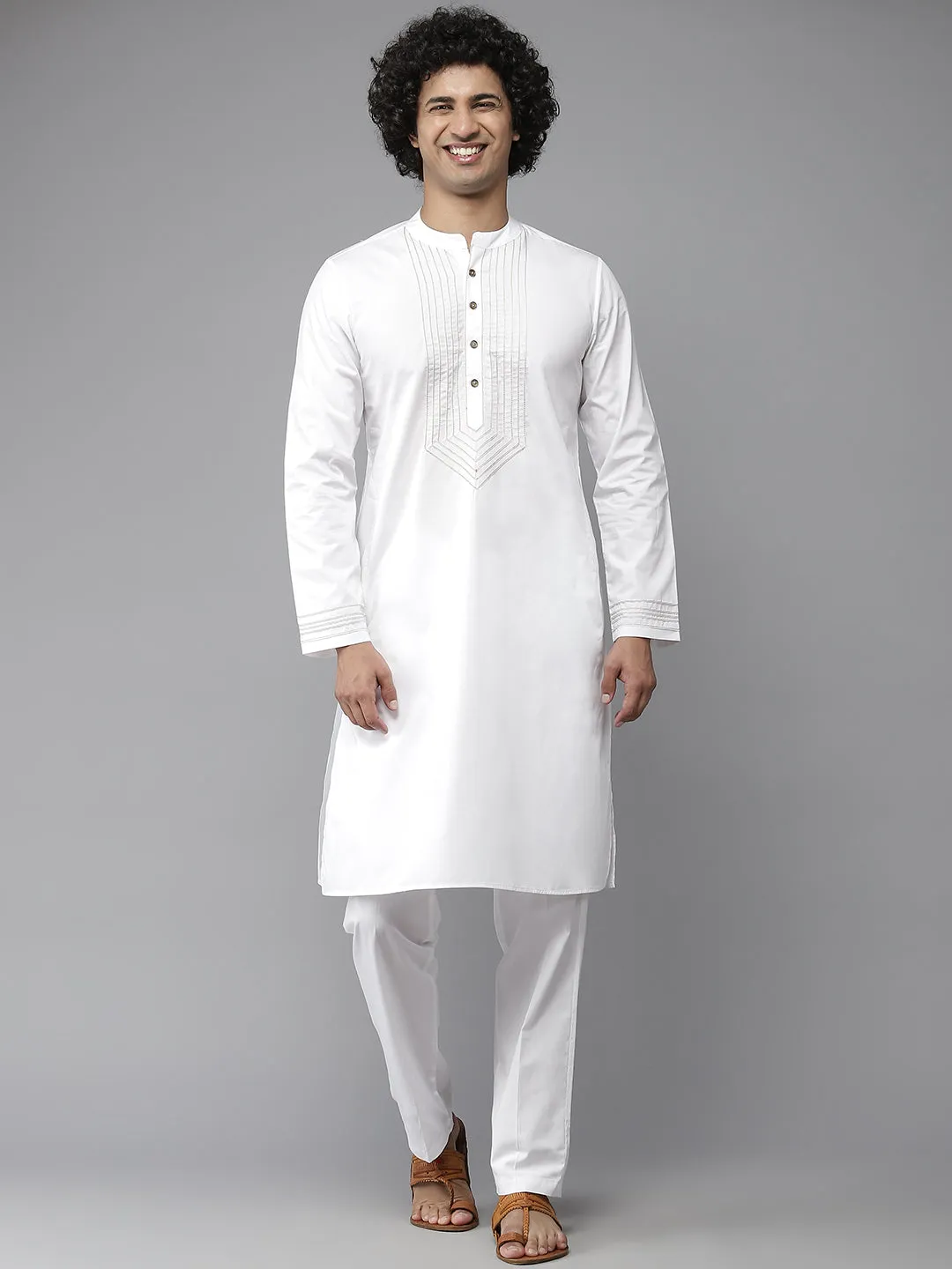 Men White Yoke Design Straight Kurta With Pyjama