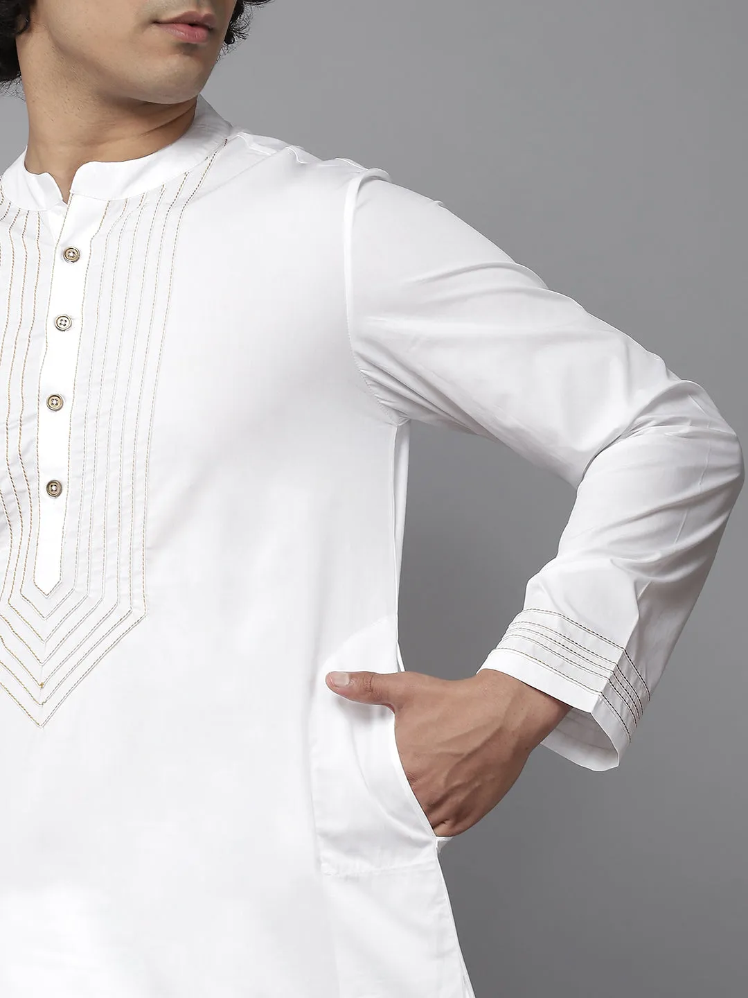 Men White Yoke Design Straight Kurta With Pyjama