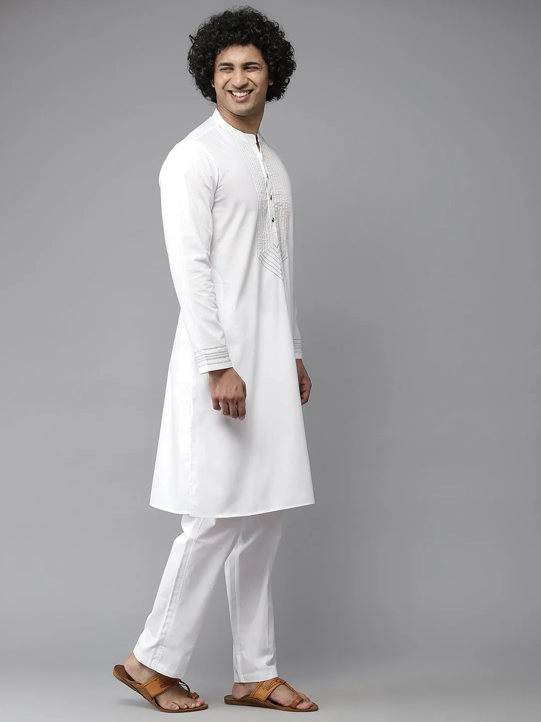 Men White Yoke Design Straight Kurta With Pyjama