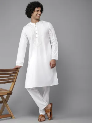 Men White Yoke Design Straight Kurta With Pyjama