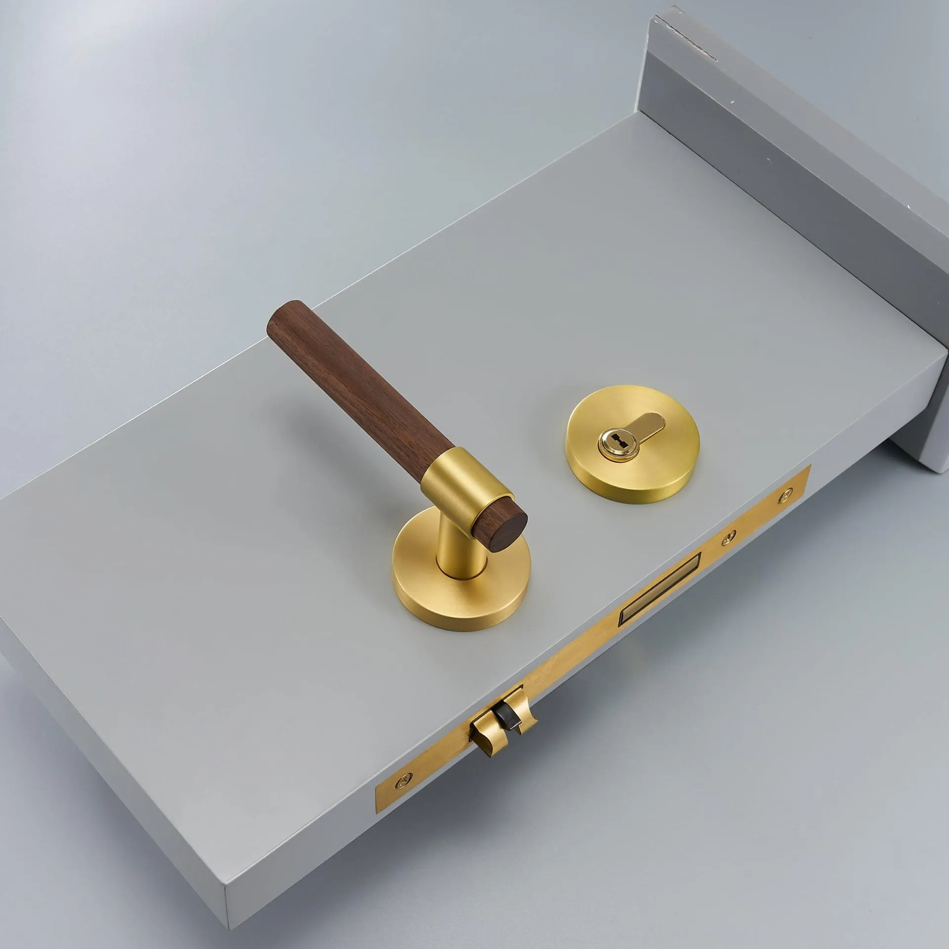 MENELAOS / Solid Brass & Walnut Wood Lever Door Handles & Lock Set