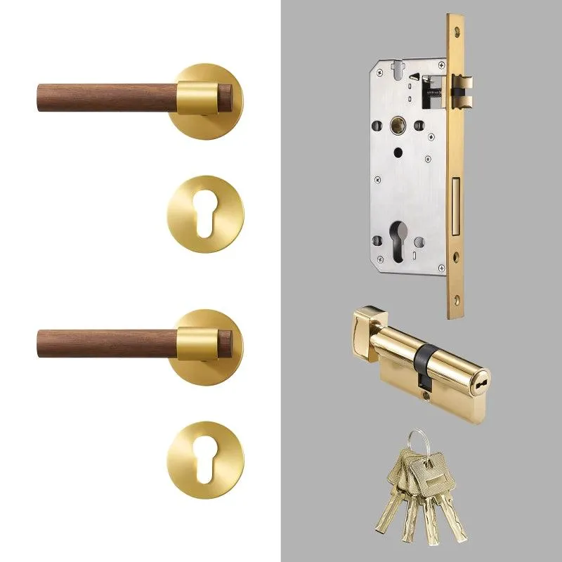 MENELAOS / Solid Brass & Walnut Wood Lever Door Handles & Lock Set