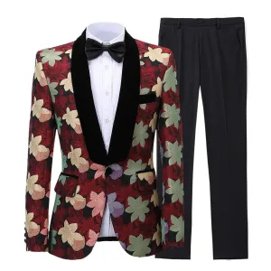 Mens 2 Piece Floral Dress Suit One Button Dinner Tuxedo Jacket & Pants