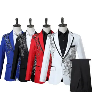 Mens 2 Piece Formal Embroidered Smart Fit Suit Flashing Sequins Crystal Blazers Coat Prom Party Tuxedo Costume Wedding Outfit