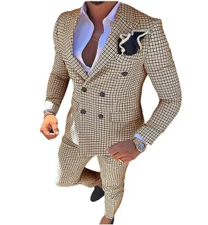 Mens 2 Pieces Plaid Suit Double Breasted Houndstooth Peak Lapel  (Blazer Pants)